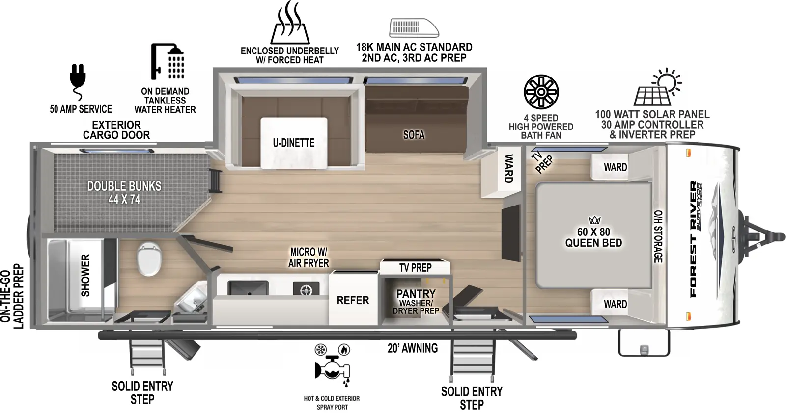 The Surveyor Legend X 27CAMP floorplan has two entries and one slide out. Exterior features include: fiberglass exterior and 20' awning. Interiors features include: bunk beds, u-dinette and front bedroom.